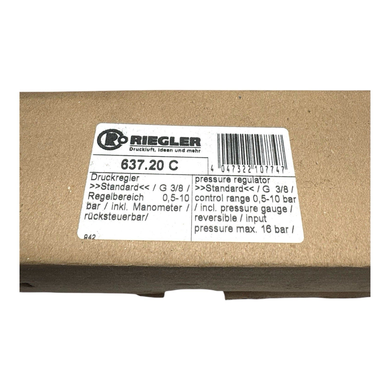 1x Riegler 637.20 C Druckregler inkl. Manometer, BG 1, G 3/8, 0,5-10 bar 100811